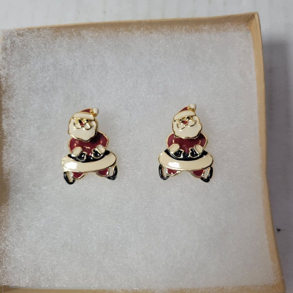 Vintage AIM Gold-Tone Santa Claus Dangle Earrings With Enamel Accents